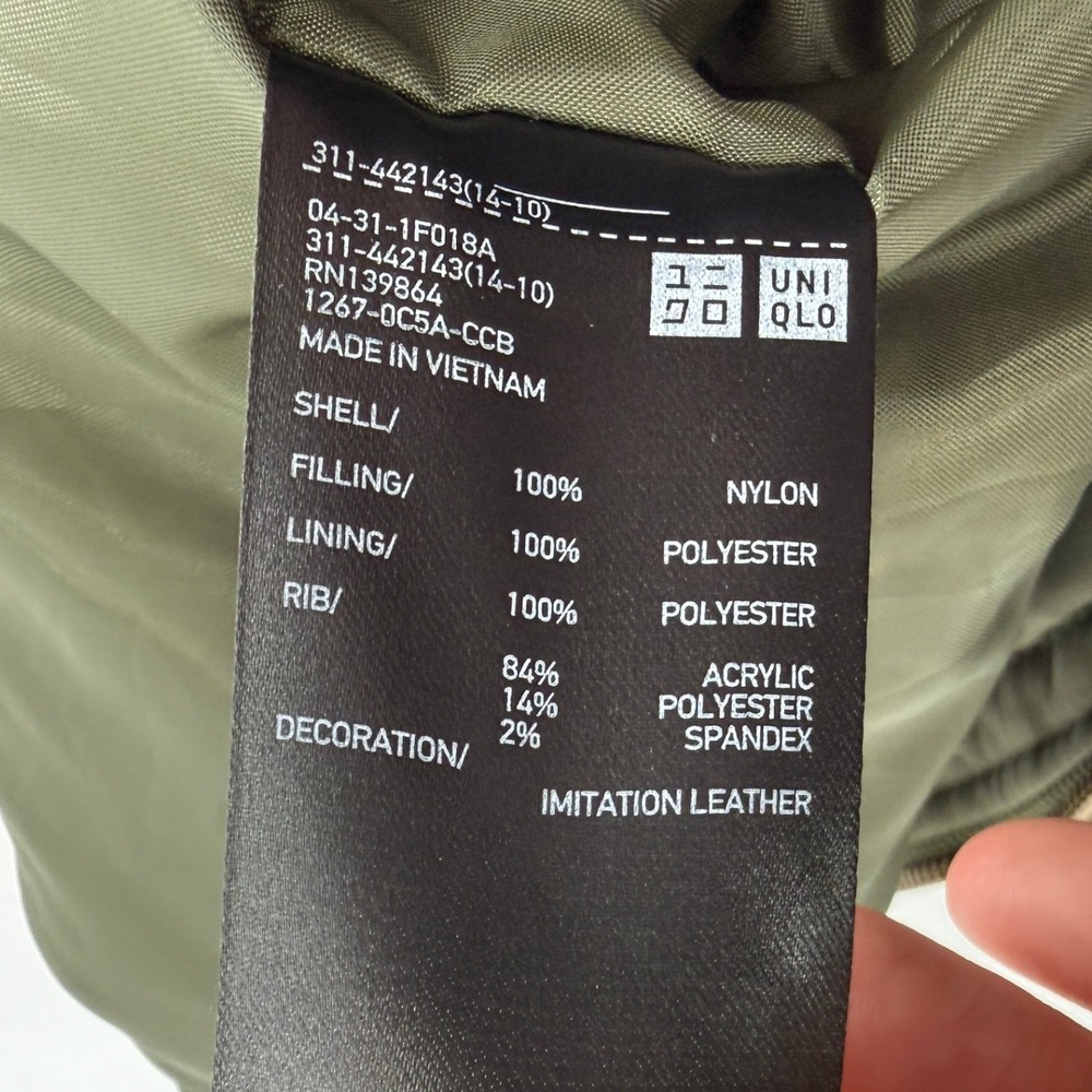 Uniqlo MA-1 Bomber Jacket Olive Green Men S Nylon Ribbed Collar Full Zip Pocket - Picture 7 of 7
